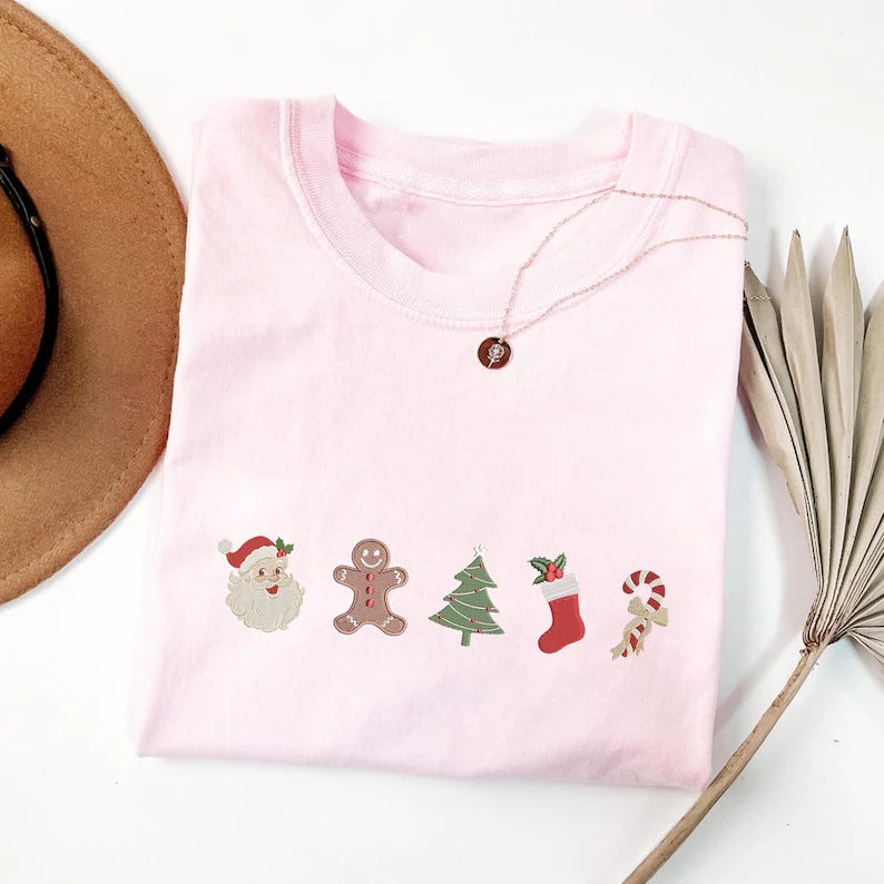 Christmas Embroidered Sweatshirt, Santa Tree Gingerbread Bow Design, Cozy Holiday Sweater, Personalized Christmas Gift