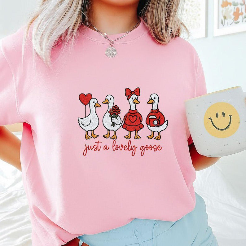 Cute Lovely Goose Coquette Embroidery Sweatshirt, Valentine Goose Duck Embroidered Shirt