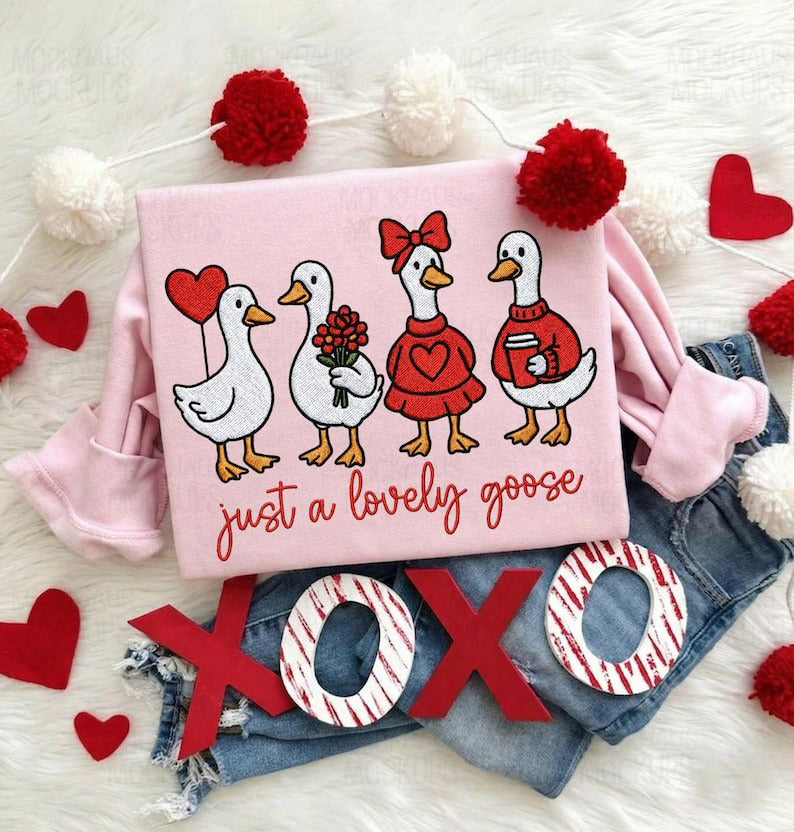 Cute Lovely Goose Coquette Embroidery Sweatshirt, Valentine Goose Duck Embroidered Shirt