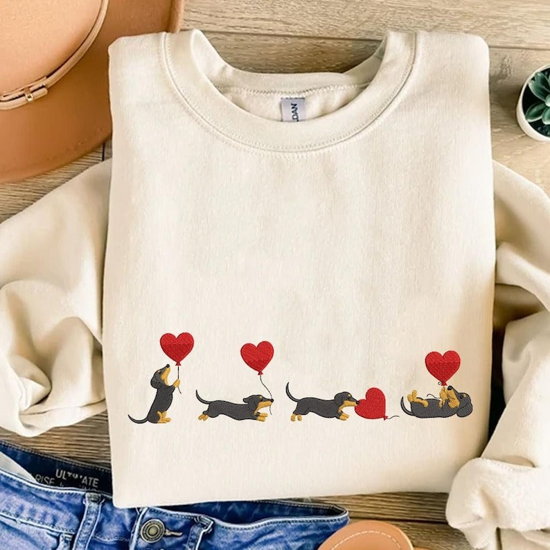 Valentine Dachshund Embroidered Sweatshirt, Heart Balloon Sausage Dog Crewneck, Dog Mom Valentine Gift