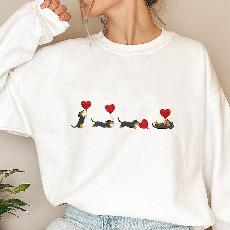 Valentine Dachshund Embroidered Sweatshirt, Heart Balloon Sausage Dog Crewneck, Dog Mom Valentine Gift