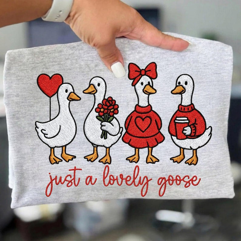 Cute Lovely Goose Coquette Embroidery Sweatshirt, Valentine Goose Duck Embroidered Shirt