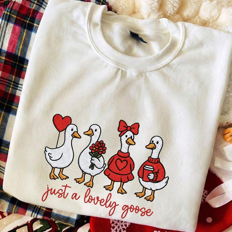 Cute Lovely Goose Coquette Embroidery Sweatshirt, Valentine Goose Duck Embroidered Shirt