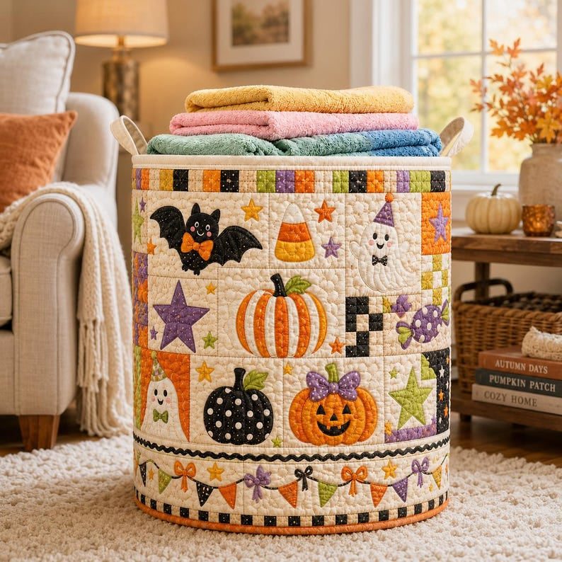 Halloween Pattern Quilted Laundry Basket, Halloween Pumpkin Storage Hamper, Custom Name Organizer, Laundry Room Decor, Fabric Clothes Basket QBK46