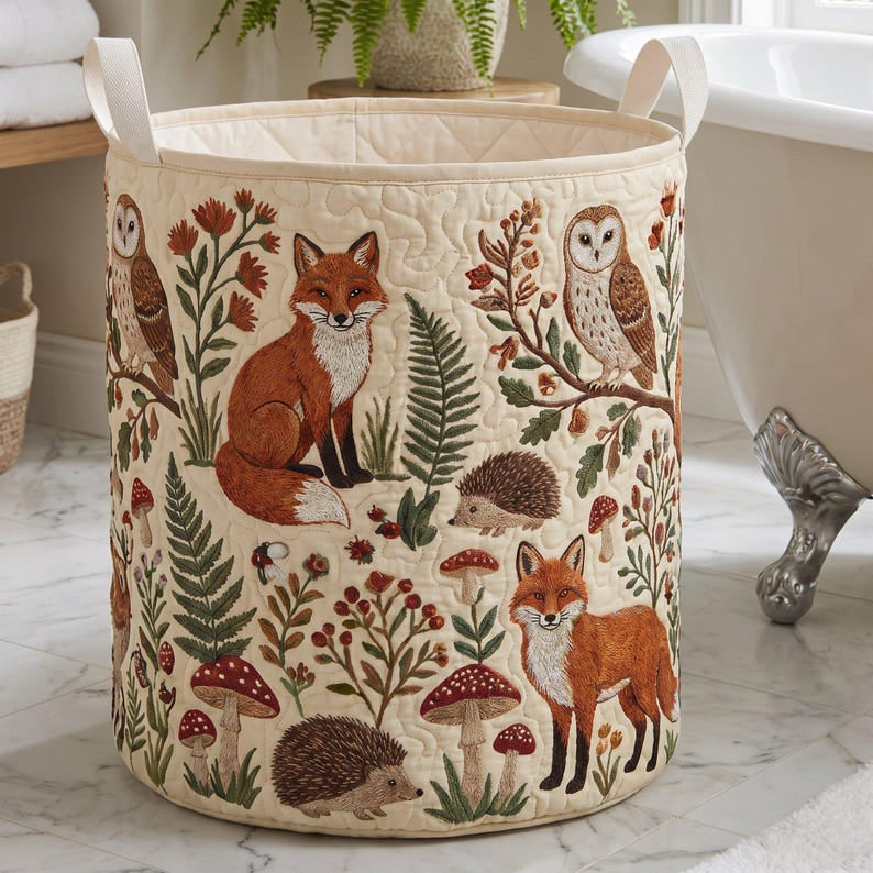 Fox Pattern Quilted Laundry Basket, Fall Animal Storage Hamper, Custom Name Organizer, Laundry Room Decor, Fabric Clothes Basket QBK45