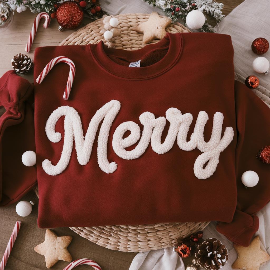 Merry Christmas Yarn Embroidered Sweatshirt, Christmas Embroidered Shirt, Merry and Bright Shirt, Holiday Style, Christmas Gift