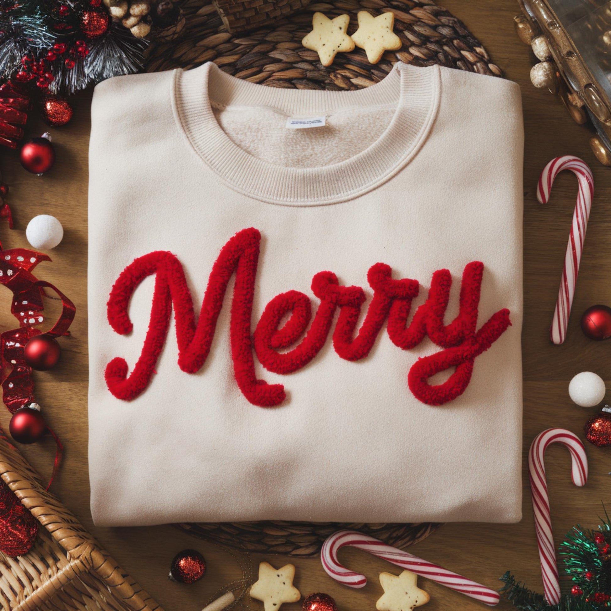 Merry Christmas Yarn Embroidered Sweatshirt, Christmas Embroidered Shirt, Merry and Bright Shirt, Holiday Style, Christmas Gift