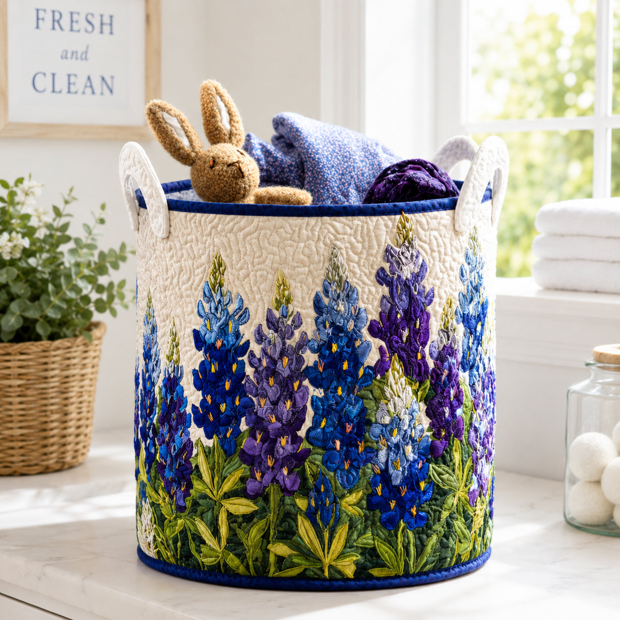 Personalized Bluebonnet Quilted Laundry Basket, Floral Storage Hamper, Custom Name Organizer, Laundry Room Decor, Fabric Clothes Basket QBK40