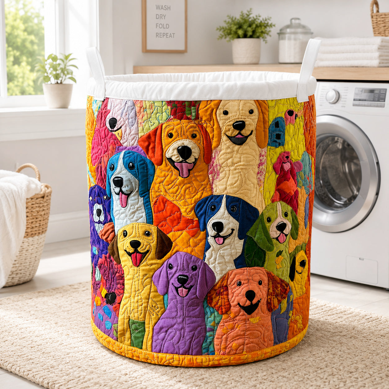 Dogs Pattern Quilted Laundry Basket, Cute Dog Pattern Storage Hamper, Custom Name Organizer, Laundry Room Decor, Fabric Clothes Basket QBK44