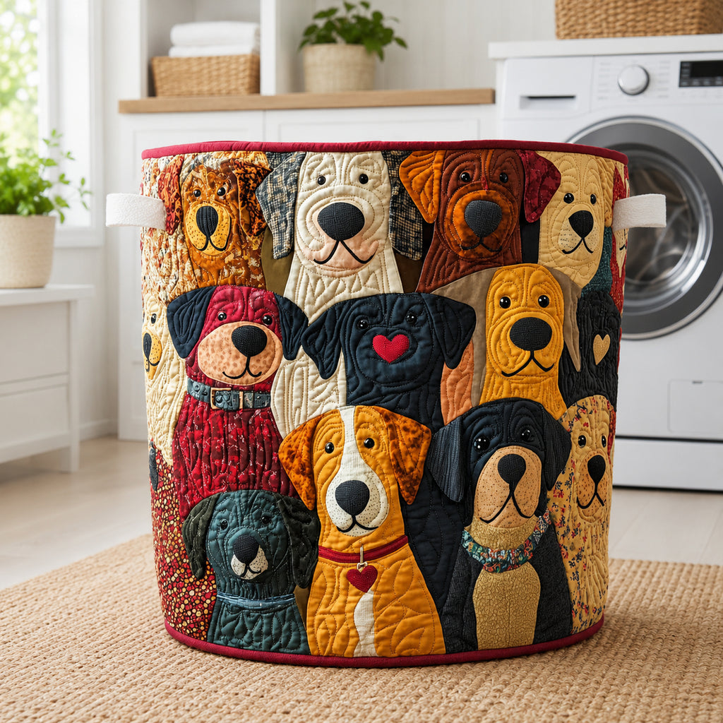 Dogs Pattern Quilted Laundry Basket, Cute Dog Pattern Storage Hamper, Custom Name Organizer, Laundry Room Decor, Fabric Clothes Basket QBK43
