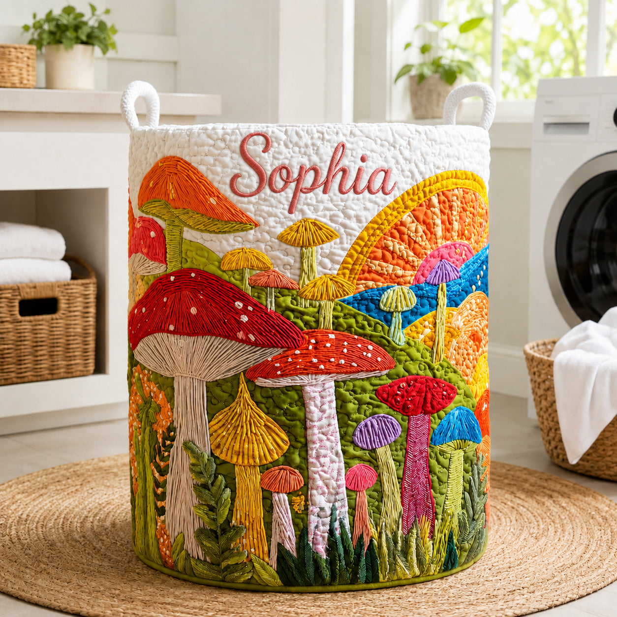 Personalized Mushroom Pattern Quilted Laundry Basket, The Forest Storage Hamper, Custom Name Organizer, Laundry Room Decor, Fabric Clothes Basket QBK42