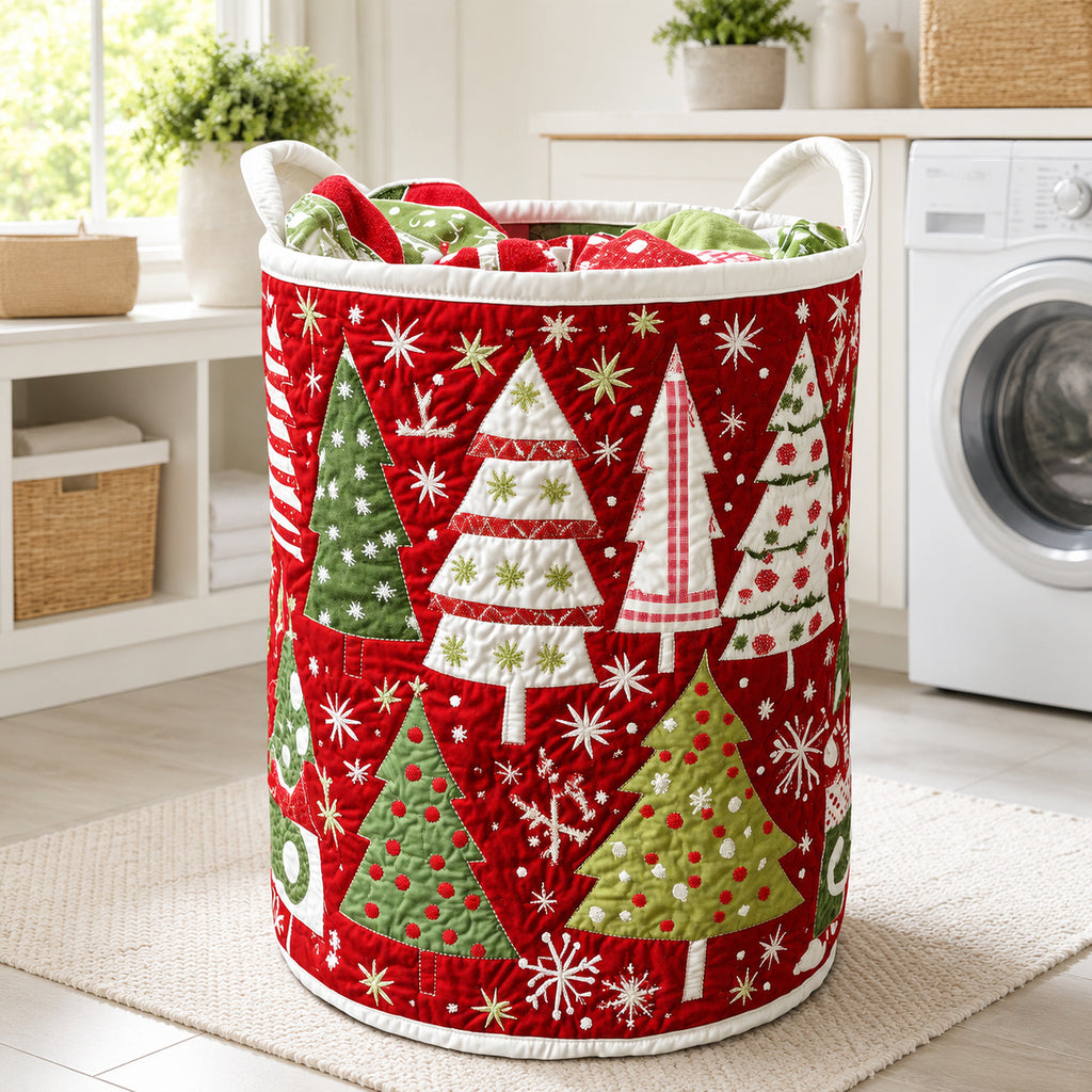 Personalized Christmas Tree Pattern Quilted Laundry Basket, Christmas Storage Hamper, Custom Name Organizer, Laundry Room Decor, Fabric Clothes Basket QBK41