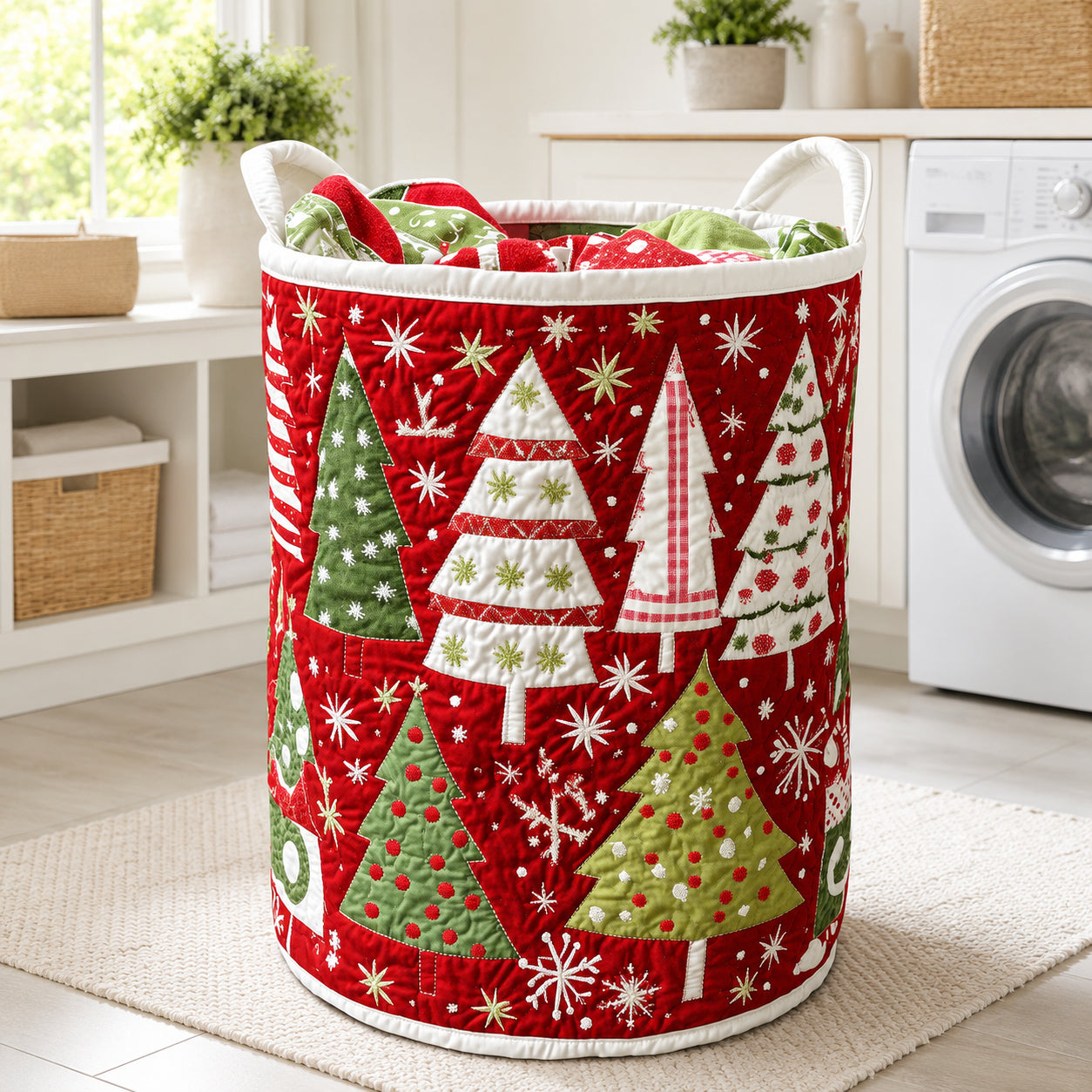 Personalized Christmas Tree Pattern Quilted Laundry Basket, Christmas Storage Hamper, Custom Name Organizer, Laundry Room Decor, Fabric Clothes Basket QBK41