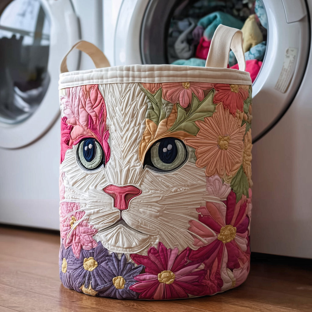 Cat Art Pattern Quilted Laundry Basket, Multicolor Cats Pattern Storage Hamper, Custom Name Organizer, Laundry Room Decor, Fabric Clothes Basket QBK58