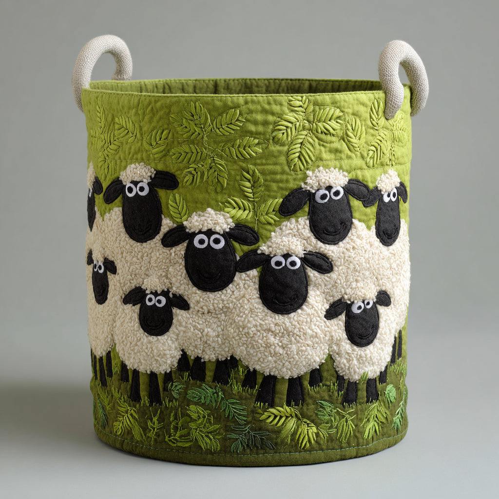 Sheep Quilted Laundry Basket, Sheep Storage Hamper, Custom Name Organizer, Laundry Room Decor, Fabric Clothes Basket QBK64