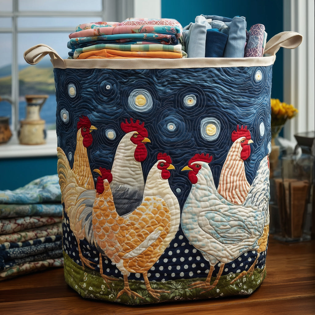 Chicken Dream Pattern Quilted Laundry Basket, Chicken Starry Night Pattern Storage Hamper, Custom Name Organizer, Laundry Room Decor, Fabric Clothes Basket QBK59