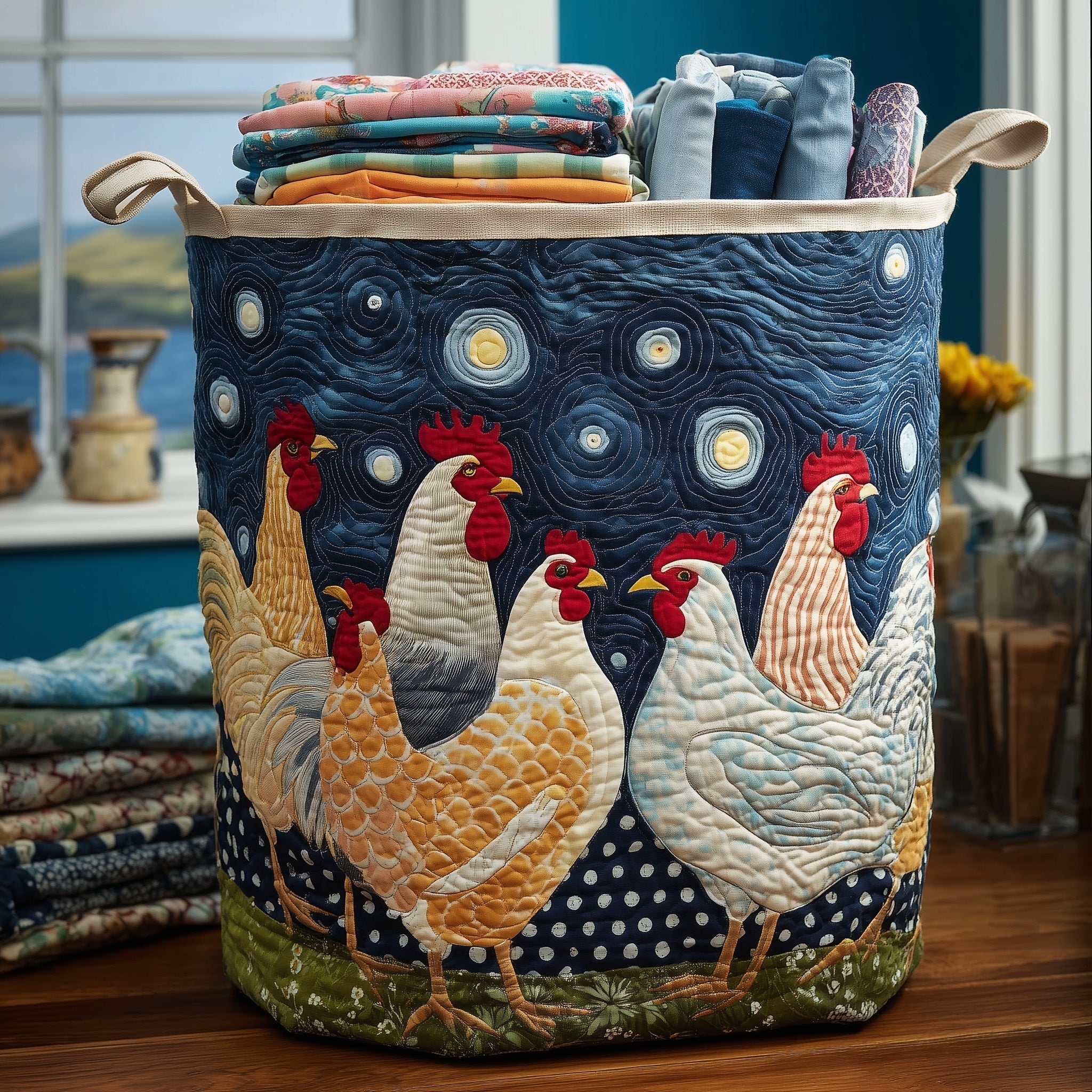 Chicken Dream Pattern Quilted Laundry Basket, Chicken Starry Night Pattern Storage Hamper, Custom Name Organizer, Laundry Room Decor, Fabric Clothes Basket QBK59