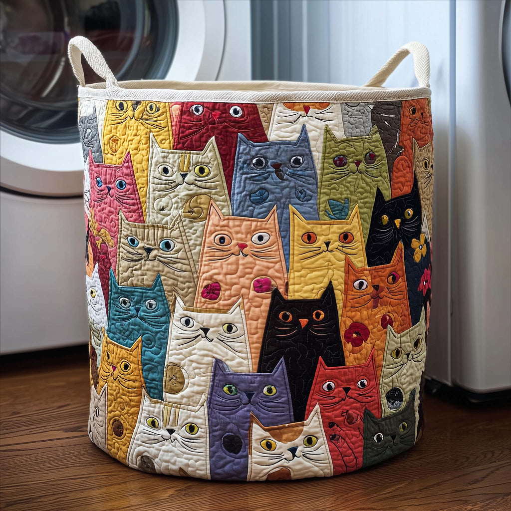 Cat Pattern Quilted Laundry Basket, Multicolor Cats Pattern Storage Hamper, Custom Name Organizer, Laundry Room Decor, Fabric Clothes Basket QBK57
