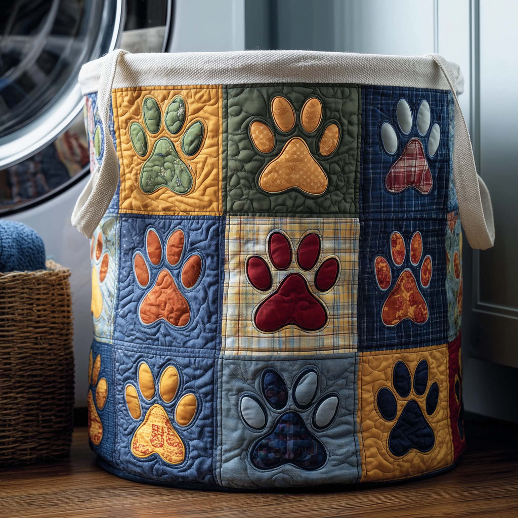Paws Quilted Laundry Basket, Pet Paws Storage Hamper, Custom Name Organizer, Laundry Room Decor, Fabric Clothes Basket QBK63