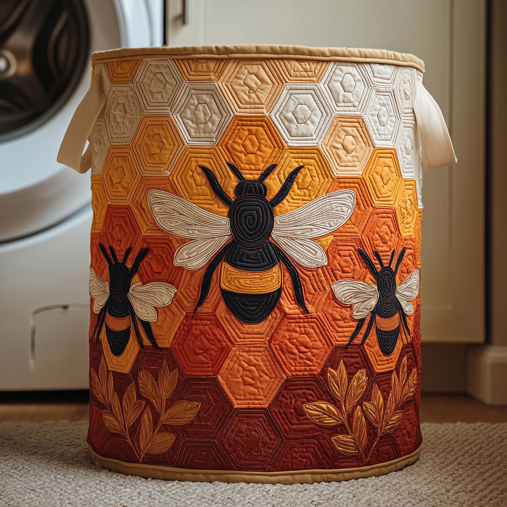 Bee Quilted Laundry Basket, Bee Pattern Storage Hamper, Custom Name Organizer, Laundry Room Decor, Fabric Clothes Basket QBK50
