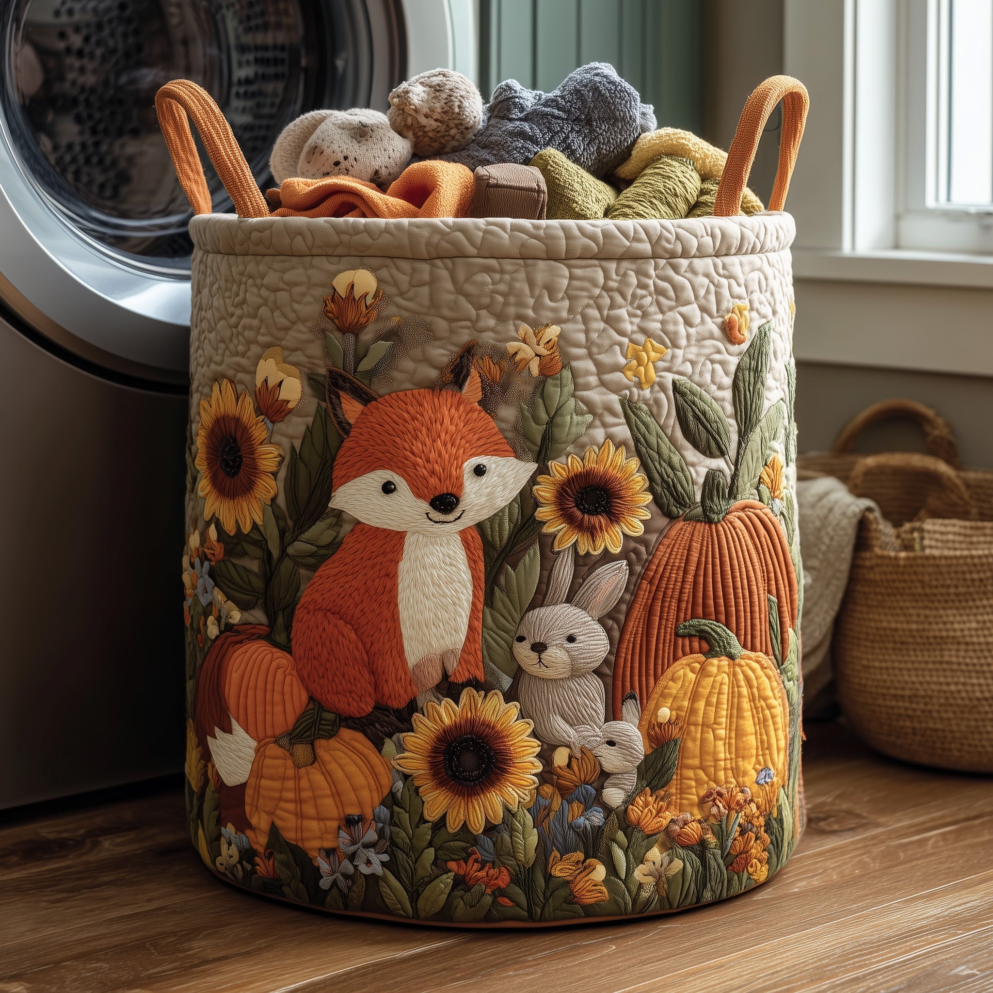 Autumn Quilted Laundry Basket, Fox Pattern Storage Hamper, Custom Name Organizer, Laundry Room Decor, Fabric Clothes Basket QBK51