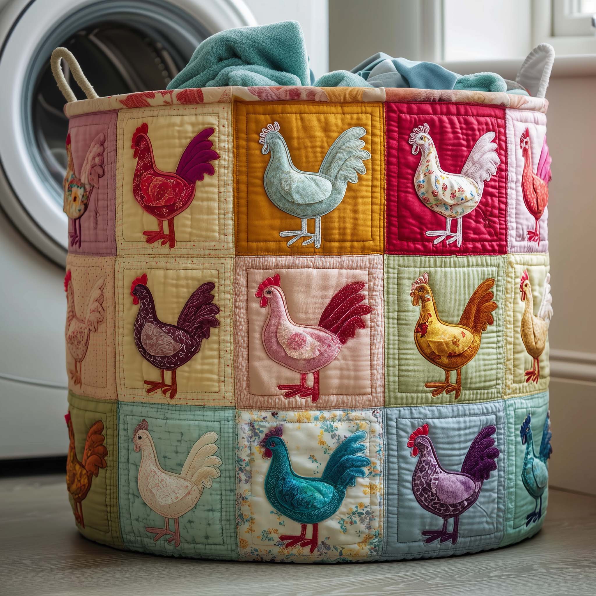 Chicken Patchwork Pattern Quilted Laundry Basket, Chicken Pattern Storage Hamper, Custom Name Organizer, Laundry Room Decor, Fabric Clothes Basket QBK60