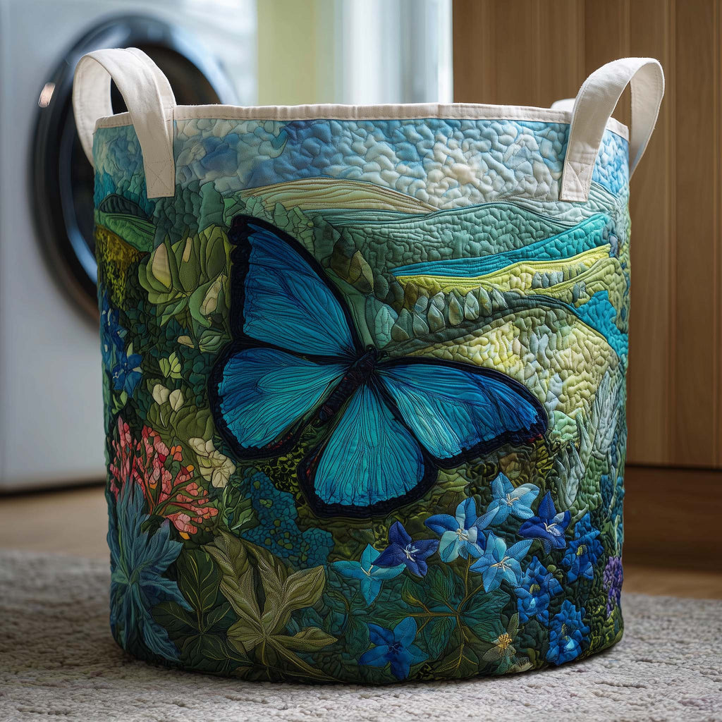 Blue Morpho Quilted Laundry Basket, Butterfly Pattern Storage Hamper, Custom Name Organizer, Laundry Room Decor, Fabric Clothes Basket QBK54