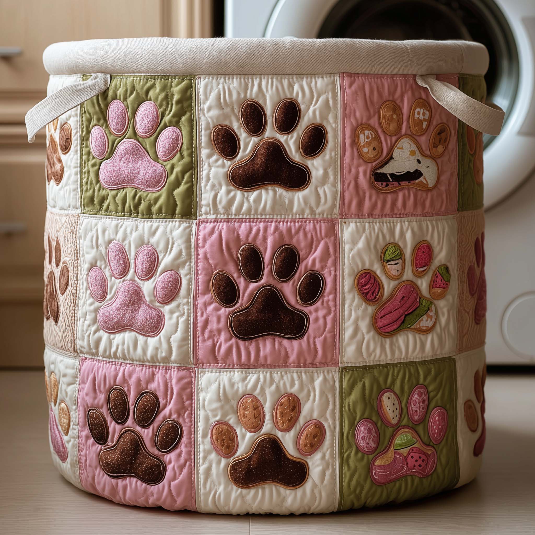 Pink Paws Quilted Laundry Basket, Pet Paws Storage Hamper, Custom Name Organizer, Laundry Room Decor, Fabric Clothes Basket QBK66