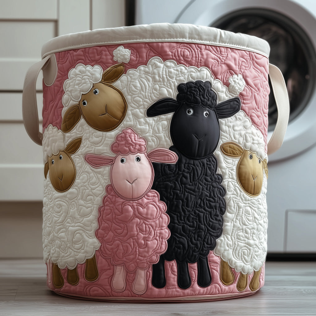 Pink Sheep Quilted Laundry Basket, Cute Sheep Storage Hamper, Custom Name Organizer, Laundry Room Decor, Fabric Clothes Basket QBK48