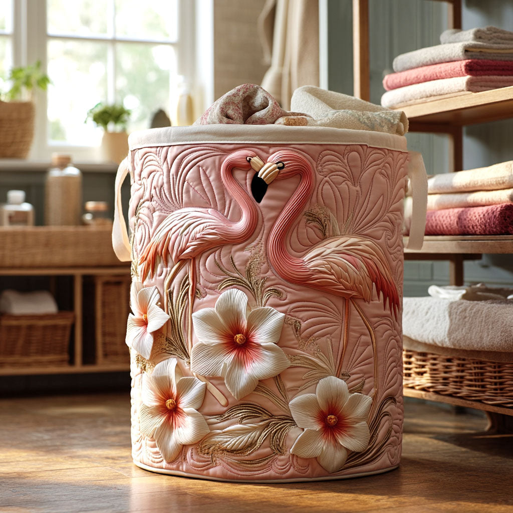 Bloom Flamingo Quilted Laundry Basket, Pink Flamingo Pattern Storage Hamper, Custom Name Organizer, Laundry Room Decor, Fabric Clothes Basket QBK53