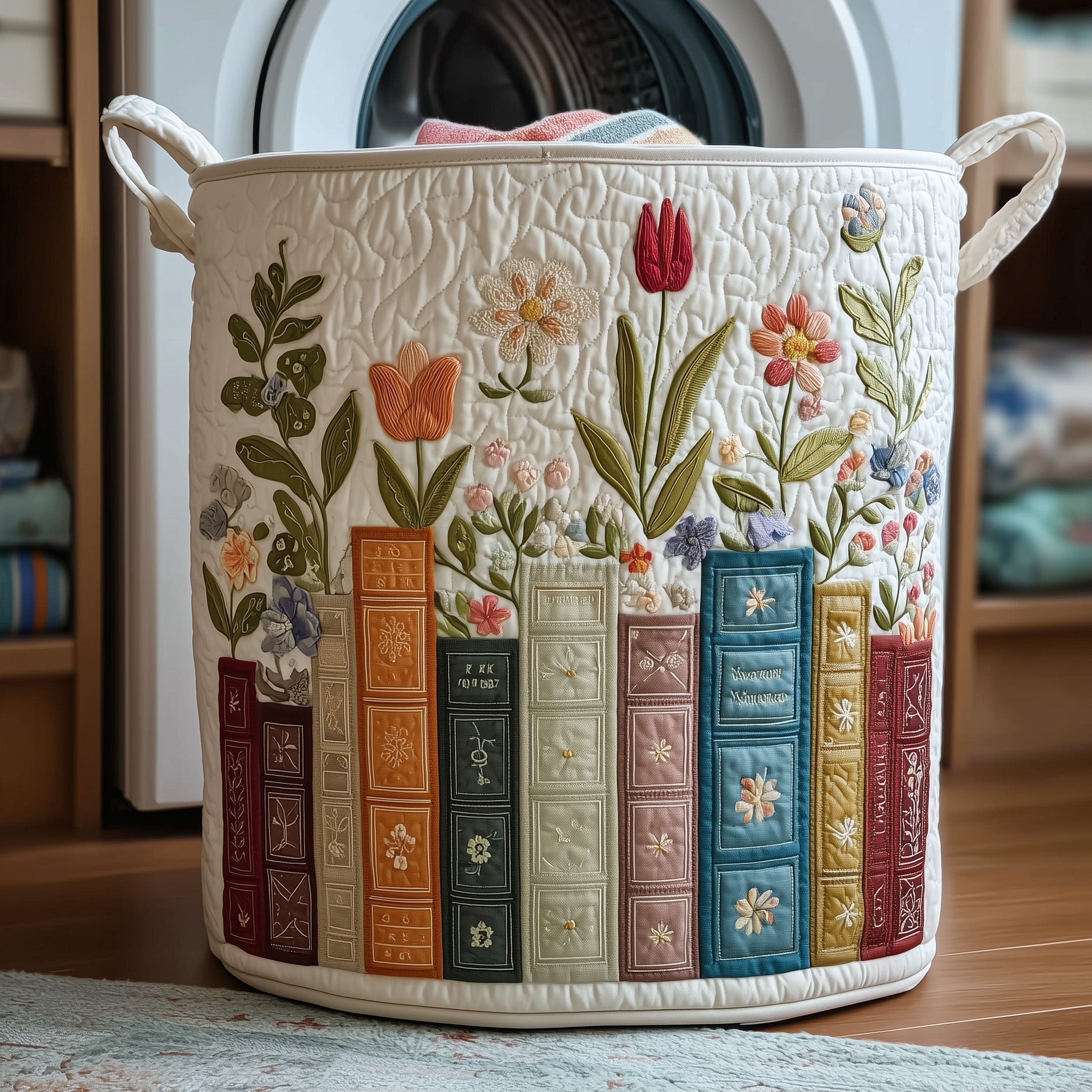 Bookish Flower Quilted Laundry Basket, Flower Pattern Storage Hamper, Custom Name Organizer, Laundry Room Decor, Fabric Clothes Basket QBK55