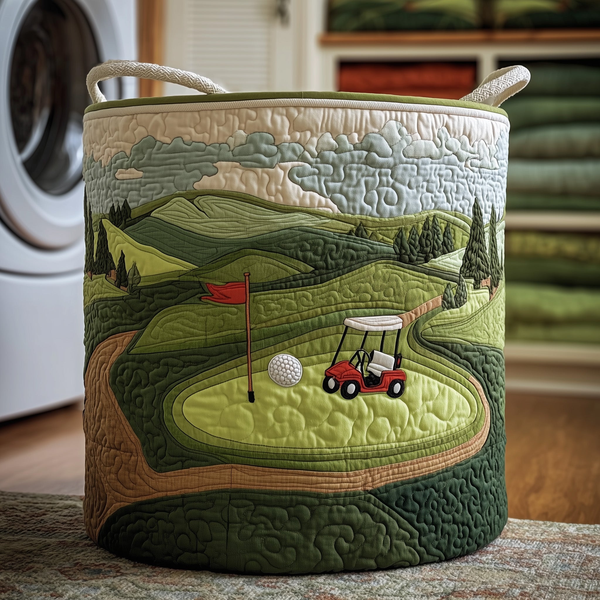 Fairway Dreams Quilted Laundry Basket, Golf Storage Hamper, Custom Name Organizer, Laundry Room Decor, Fabric Clothes Basket QBK72