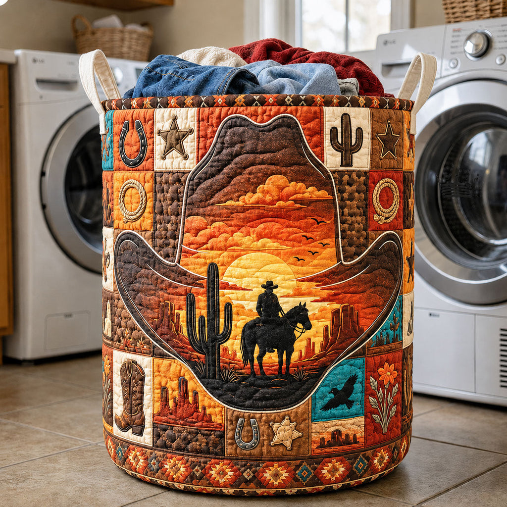 Cowboy Hat Desert Sunset Quilted Laundry Basket, Cowboy Storage Hamper, Custom Name Organizer, Laundry Room Decor, Fabric Clothes Basket QBK62
