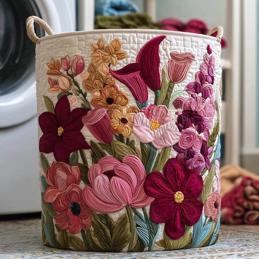 Floral Bloom Quilted Laundry Basket, Floral  Storage Hamper, Custom Name Organizer, Laundry Room Decor, Fabric Clothes Basket QBK74