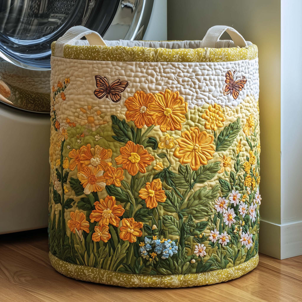 Butterfly Bloom Quilted Laundry Basket, Flower Pattern Storage Hamper, Custom Name Organizer, Laundry Room Decor, Fabric Clothes Basket QBK56