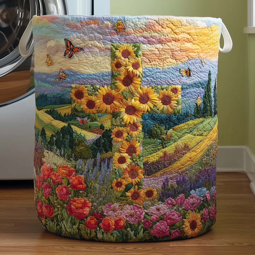 Cross Sunflower Quilted Laundry Basket, Sunflower Storage Hamper, Custom Name Organizer, Laundry Room Decor, Fabric Clothes Basket QBK65