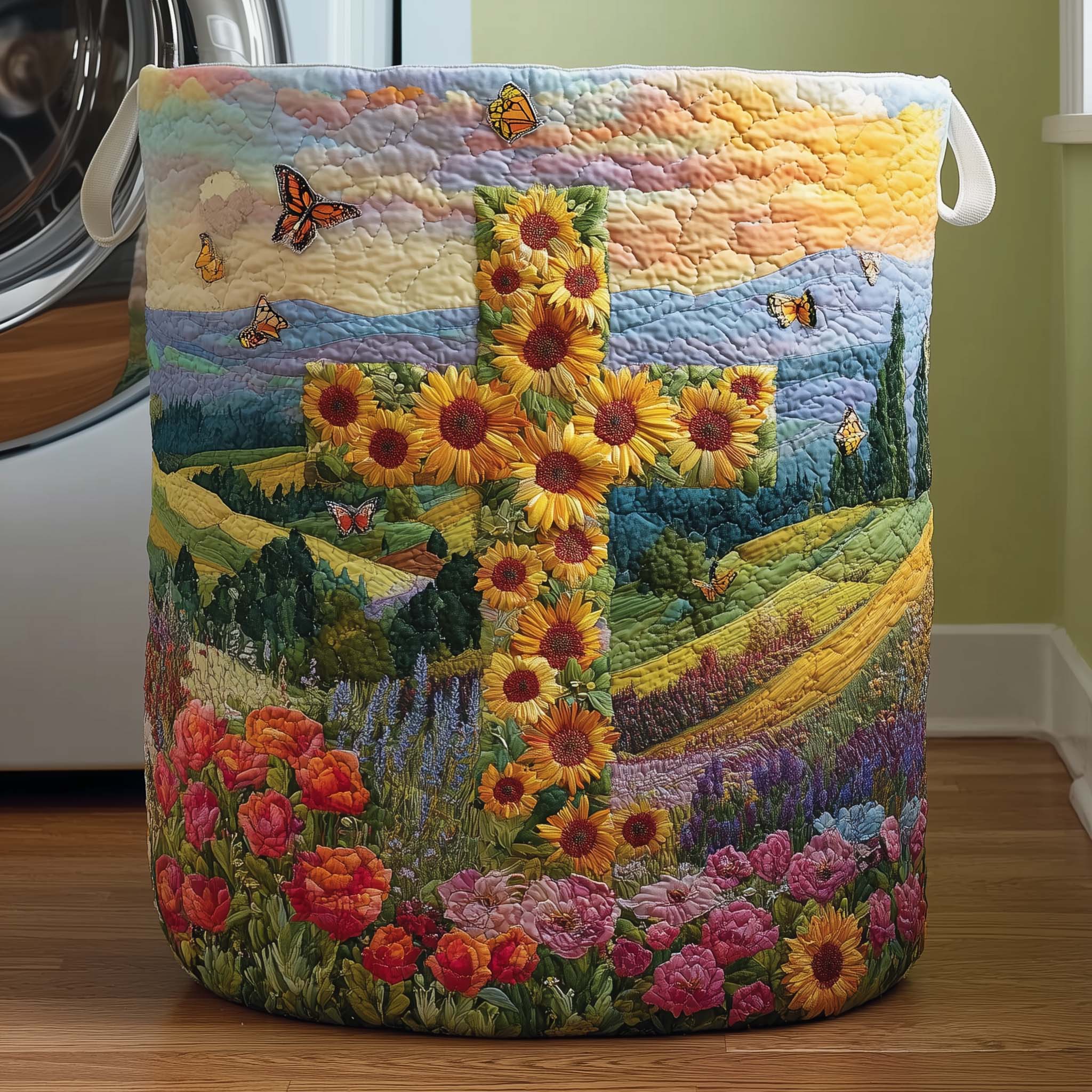 Cross Sunflower Quilted Laundry Basket, Sunflower Storage Hamper, Custom Name Organizer, Laundry Room Decor, Fabric Clothes Basket QBK65