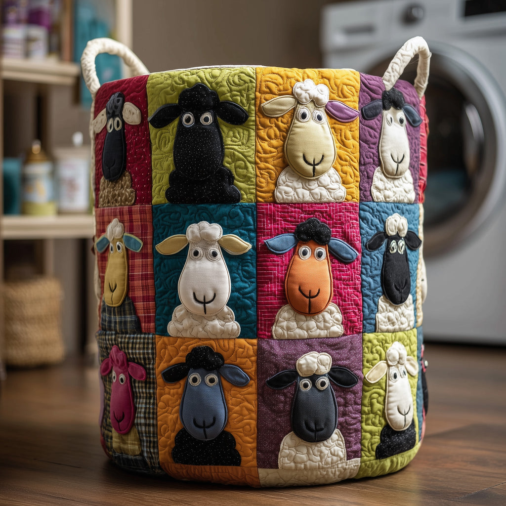 Cute Sheep Pattern Quilted Laundry Basket, Sheep Storage Hamper, Custom Name Organizer, Laundry Room Decor, Fabric Clothes Basket QBK69