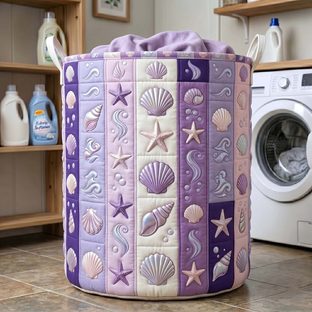 Coastal Whisper Pattern Quilted Laundry Basket, Coastal Storage Hamper, Custom Name Organizer, Laundry Room Decor, Fabric Clothes Basket QBK61