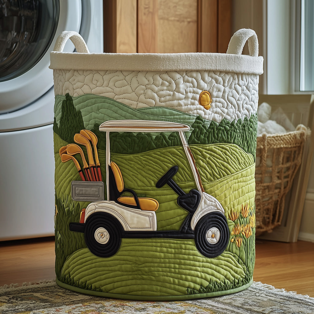 Fairway Dreams Quilted Laundry Basket, Golf Storage Hamper, Custom Name Organizer, Laundry Room Decor, Fabric Clothes Basket QBK71