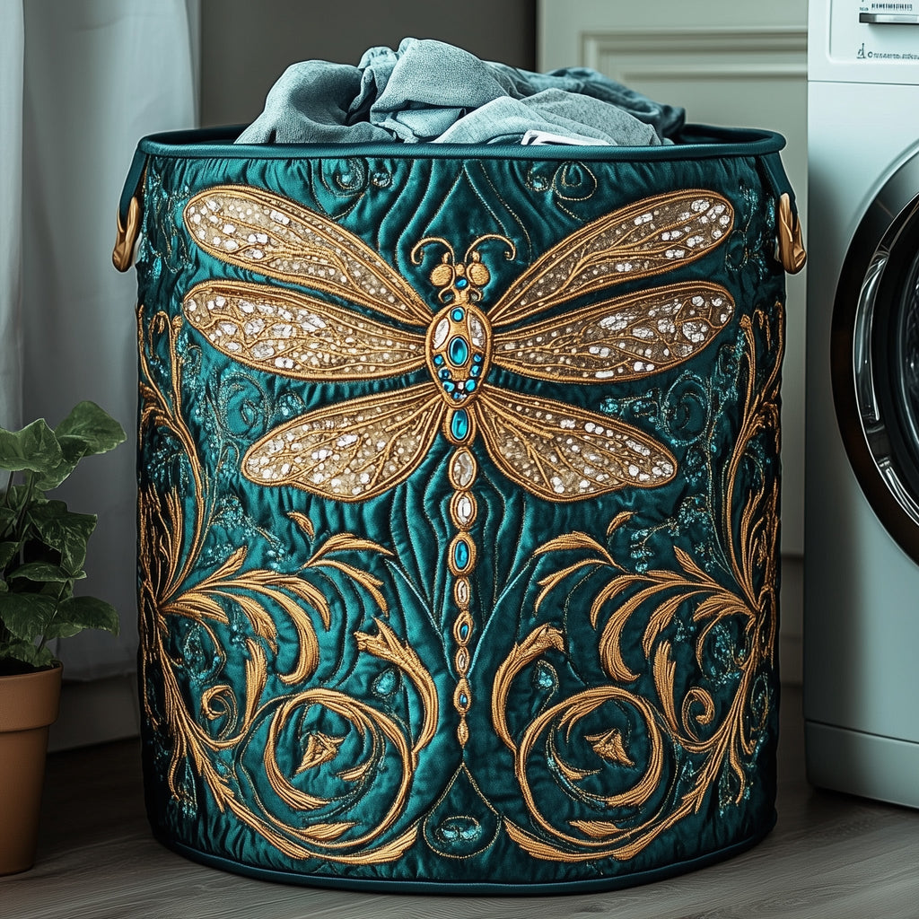 Vintage Dragonfly Quilted Laundry Basket, Dragonfly Storage Hamper, Custom Name Organizer, Laundry Room Decor, Fabric Clothes Basket QBK47