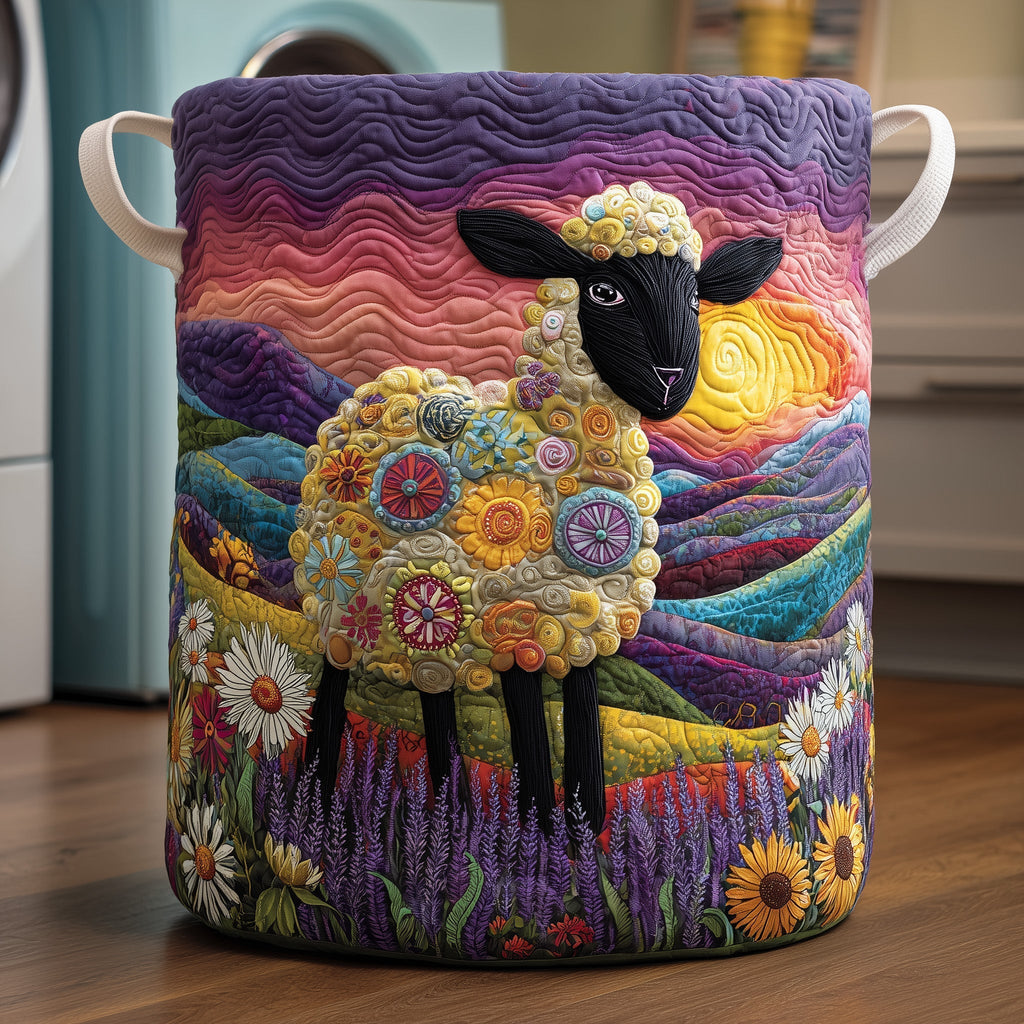 Floral Sheep Quilted Laundry Basket, Cute Sheep Storage Hamper, Custom Name Organizer, Laundry Room Decor, Fabric Clothes Basket QBK49