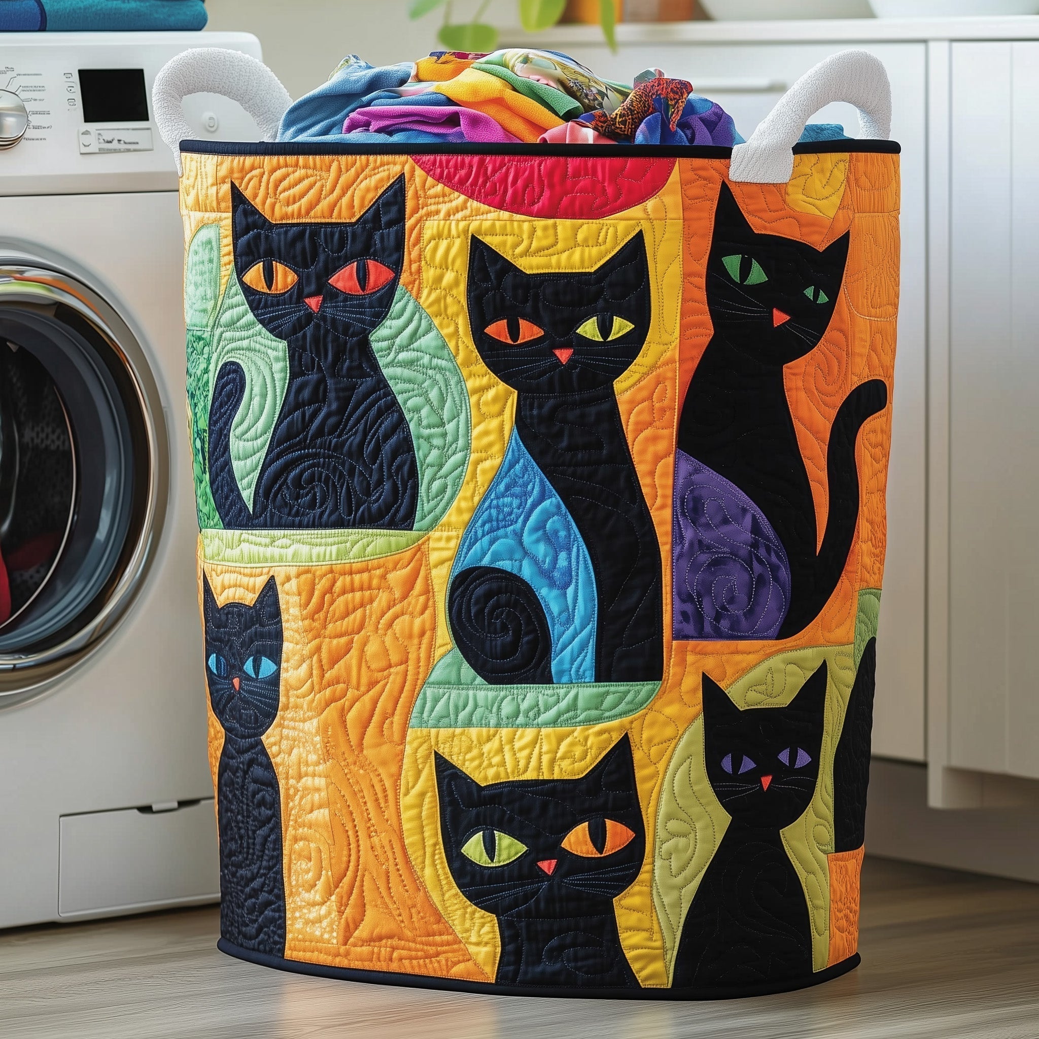 Black Cat Quilted Laundry Basket, Cat Pattern Storage Hamper, Custom Name Organizer, Laundry Room Decor, Fabric Clothes Basket QBK52