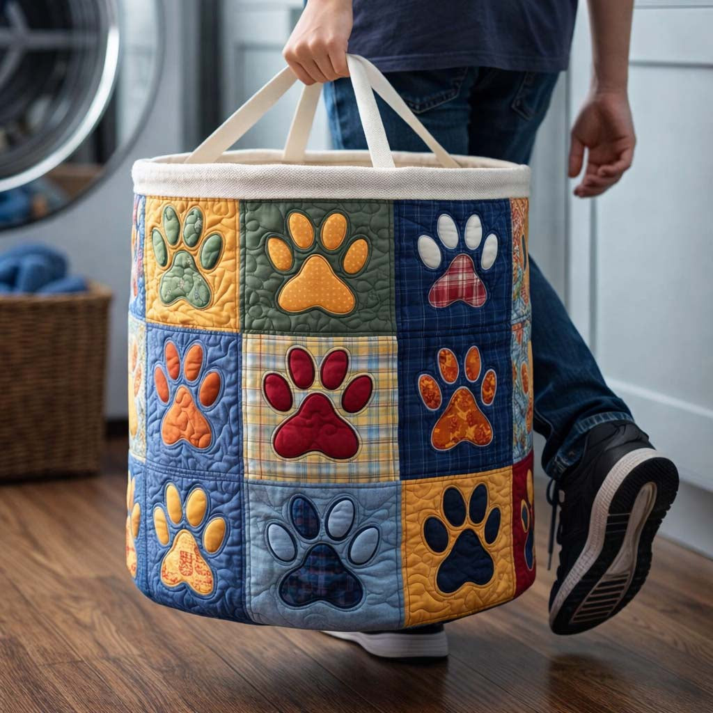 Paws Quilted Laundry Basket, Pet Paws Storage Hamper, Custom Name Organizer, Laundry Room Decor, Fabric Clothes Basket QBK63