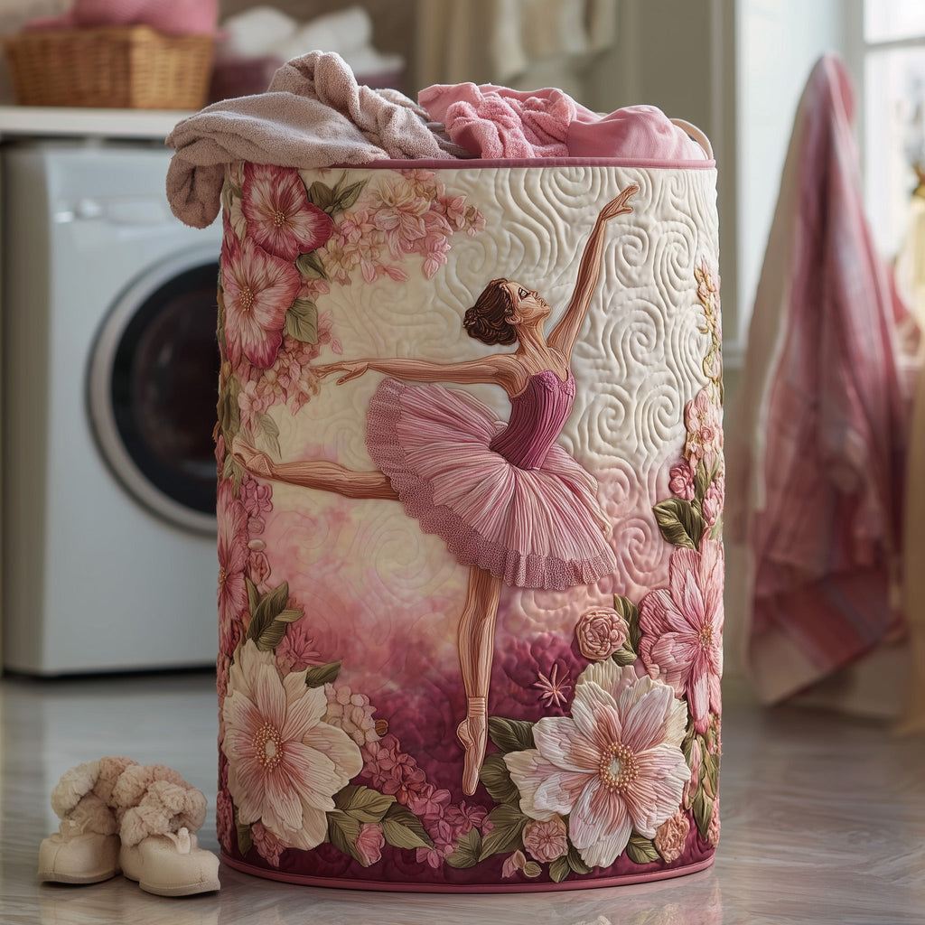 Pink Ballet Pattern Quilted Laundry Basket, Pink Floral Storage Hamper, Custom Name Organizer, Laundry Room Decor, Fabric Clothes Basket QBK70