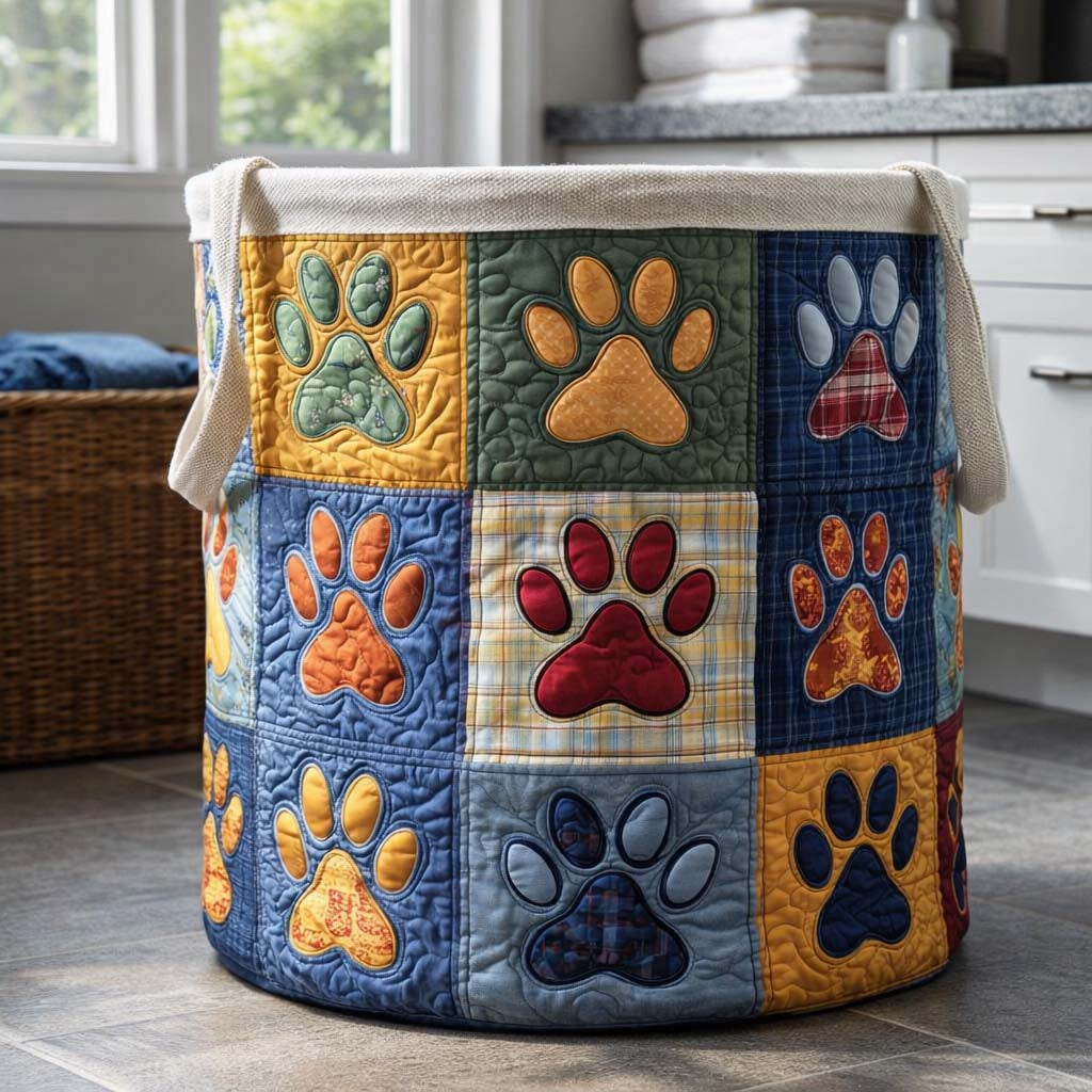 Paws Quilted Laundry Basket, Pet Paws Storage Hamper, Custom Name Organizer, Laundry Room Decor, Fabric Clothes Basket QBK63