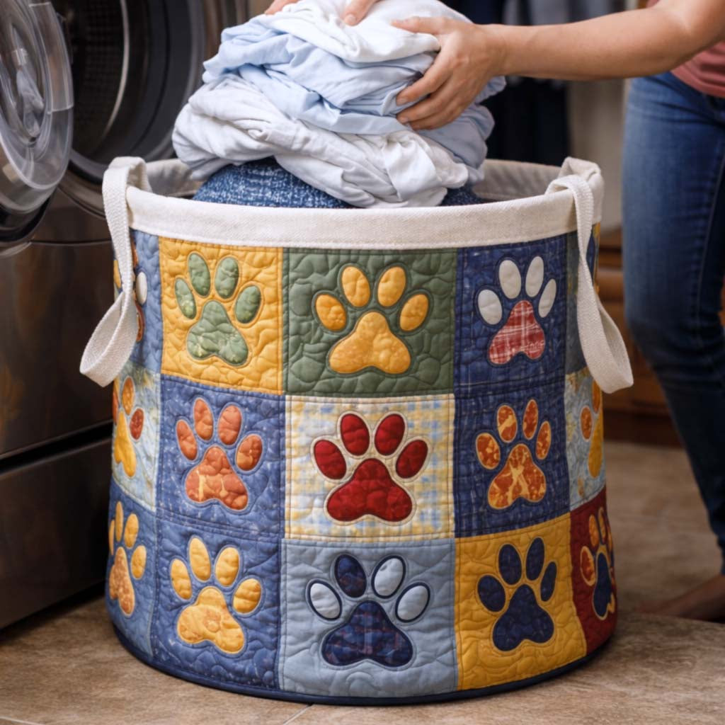 Paws Quilted Laundry Basket, Pet Paws Storage Hamper, Custom Name Organizer, Laundry Room Decor, Fabric Clothes Basket QBK63