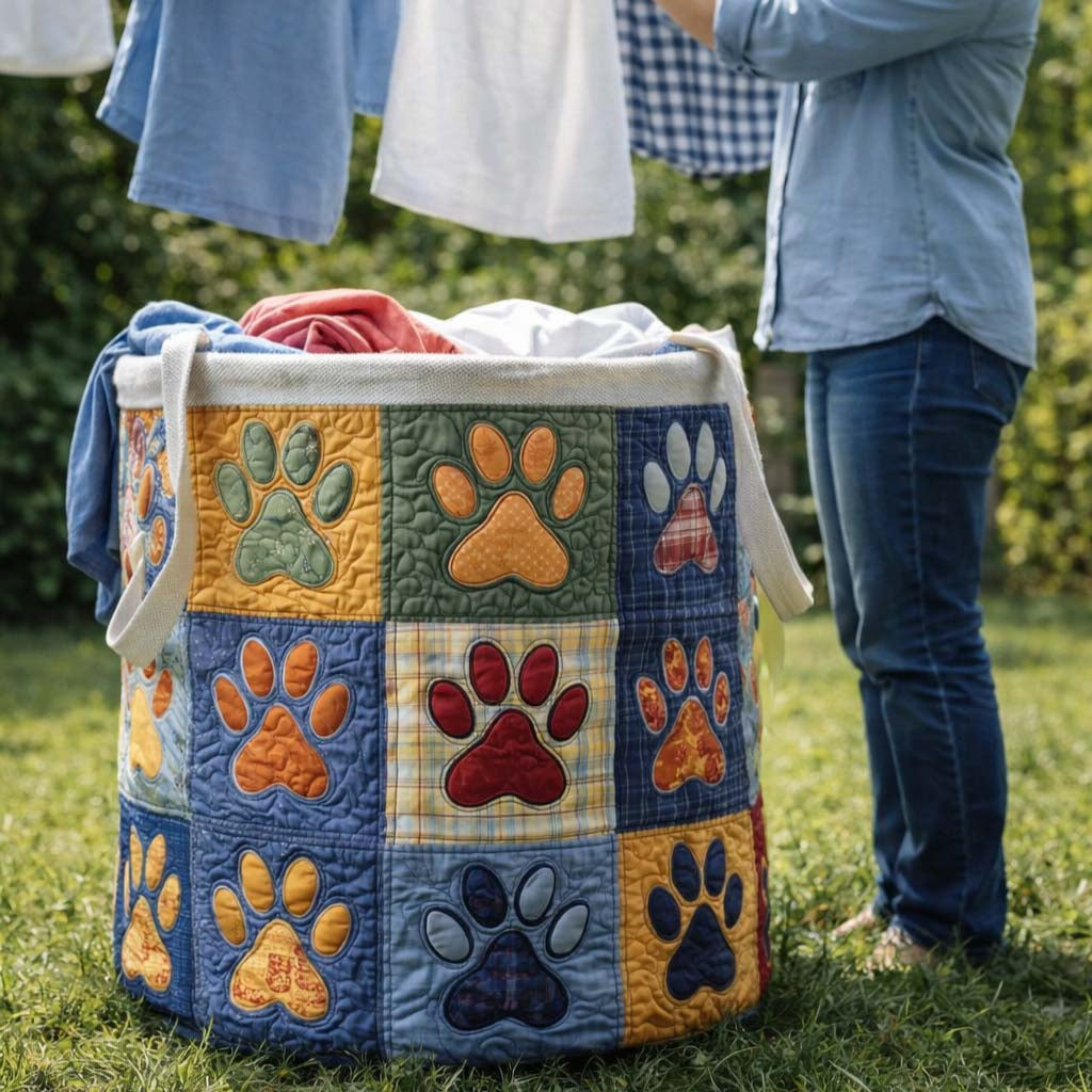 Paws Quilted Laundry Basket, Pet Paws Storage Hamper, Custom Name Organizer, Laundry Room Decor, Fabric Clothes Basket QBK63
