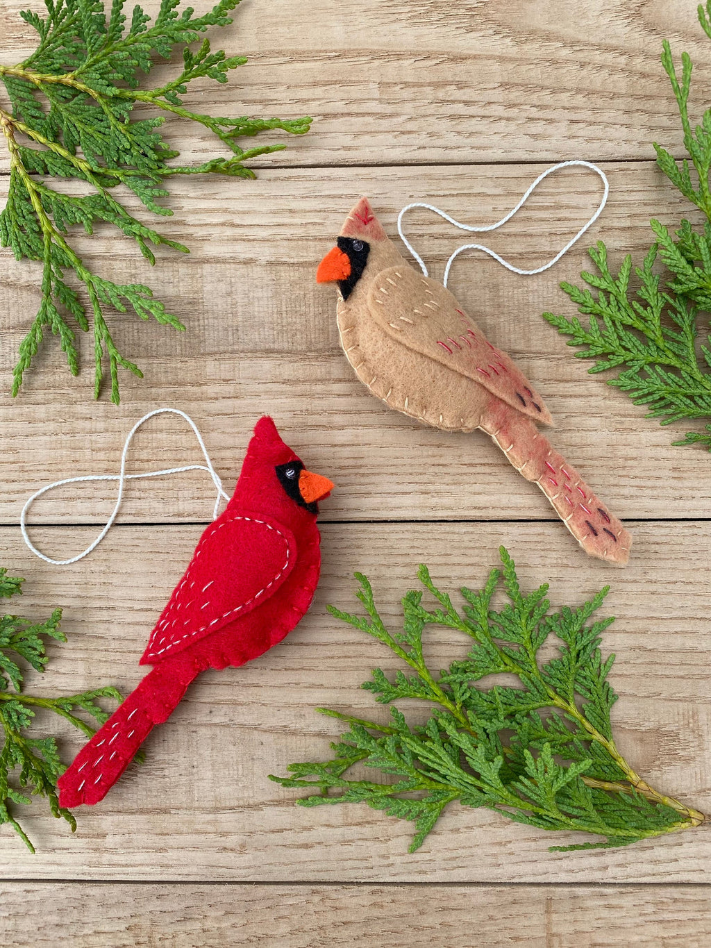 Set of 2 Male Female Cardinal Ornament, Felt Handmade Ornaments, Red Beige Felt Ornament