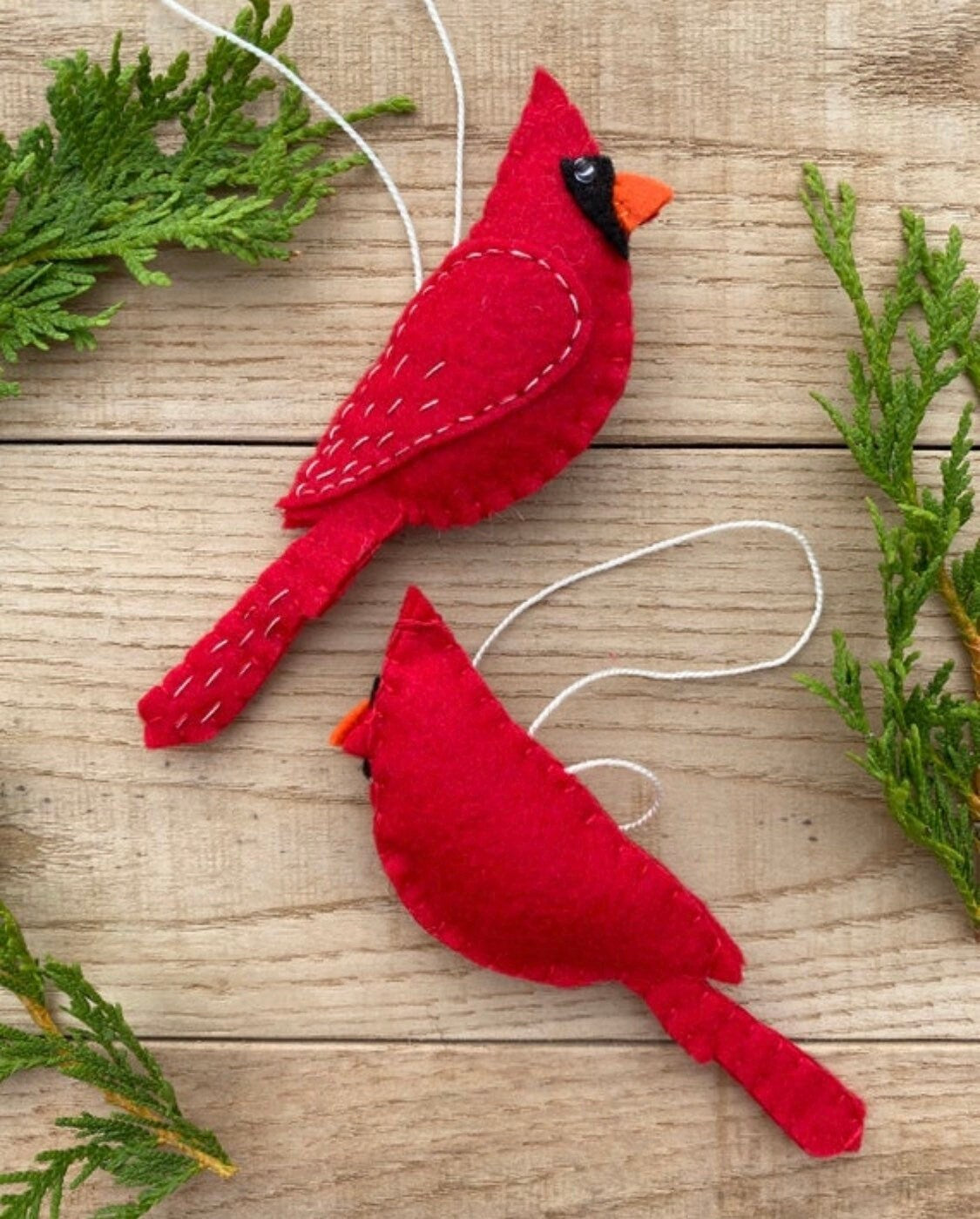 Set of 2 Male Female Cardinal Ornament, Felt Handmade Ornaments, Red Beige Felt Ornament